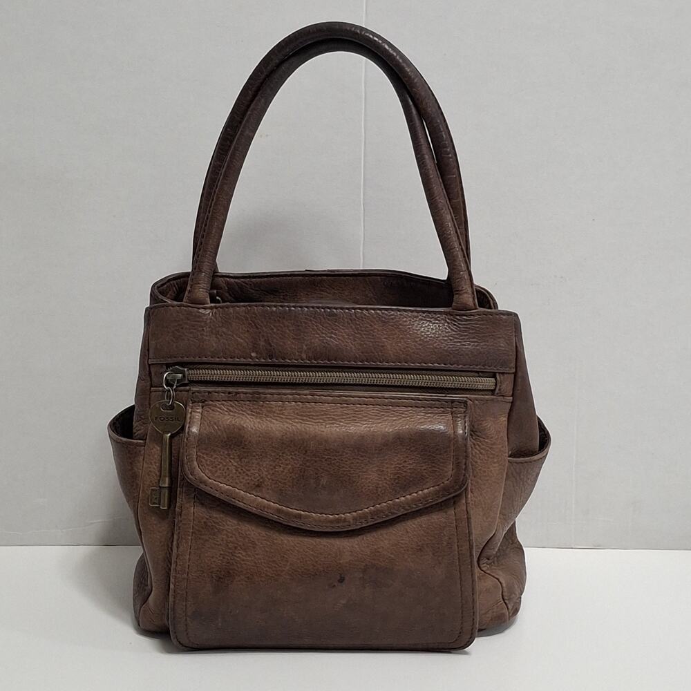 Fossil Brown Pebbled Leather Pockets Top Handle Small Satchel Bag